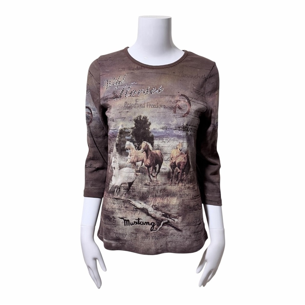 NWOT Y2K Wild Horses Cowgirl Bedazzled Graphic Top Size Small 100 Cotton